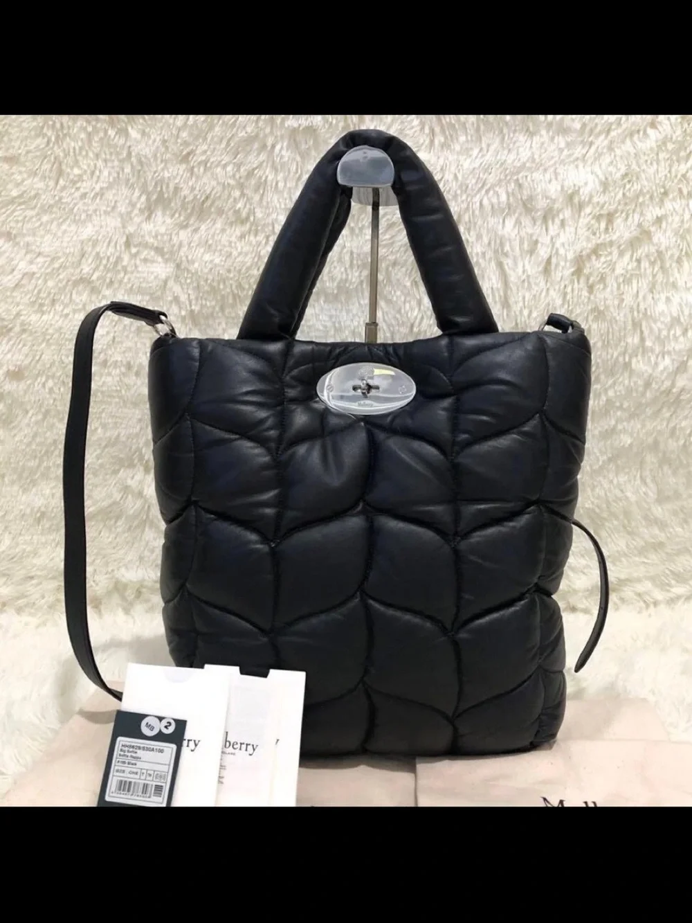 Mulberry Black Quilted Puffer Tote with Turn-Lock Hardware
